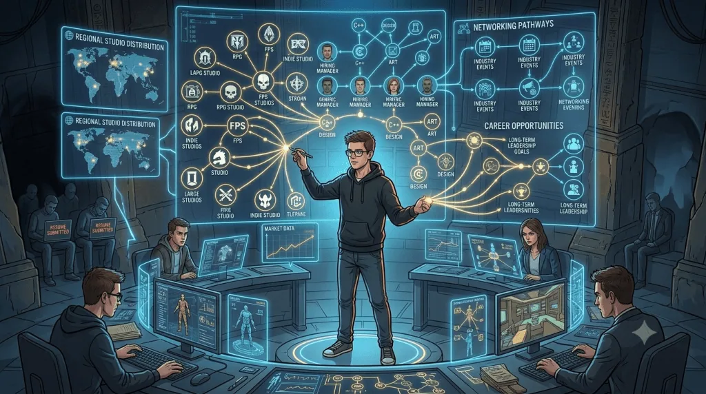 Gaming professional strategically planning a gaming industry job search through networking and research.