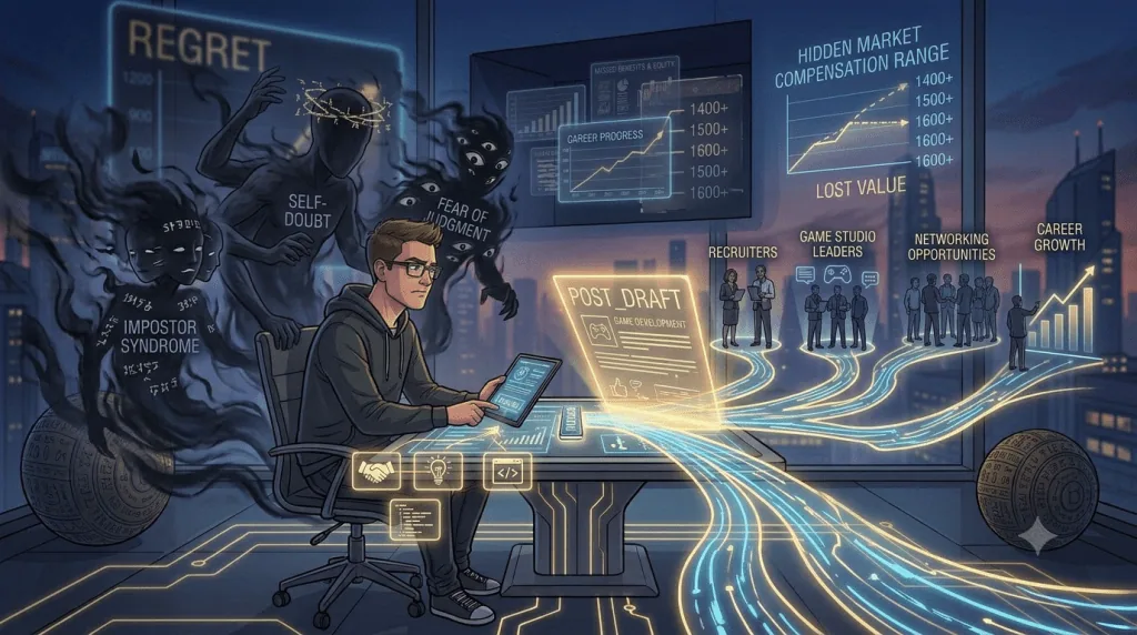 Game developer overcoming fear and sharing knowledge publicly on LinkedIn to build career visibility.