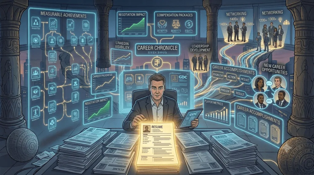 Hiring manager reviewing resumes and identifying a standout gaming industry candidate.