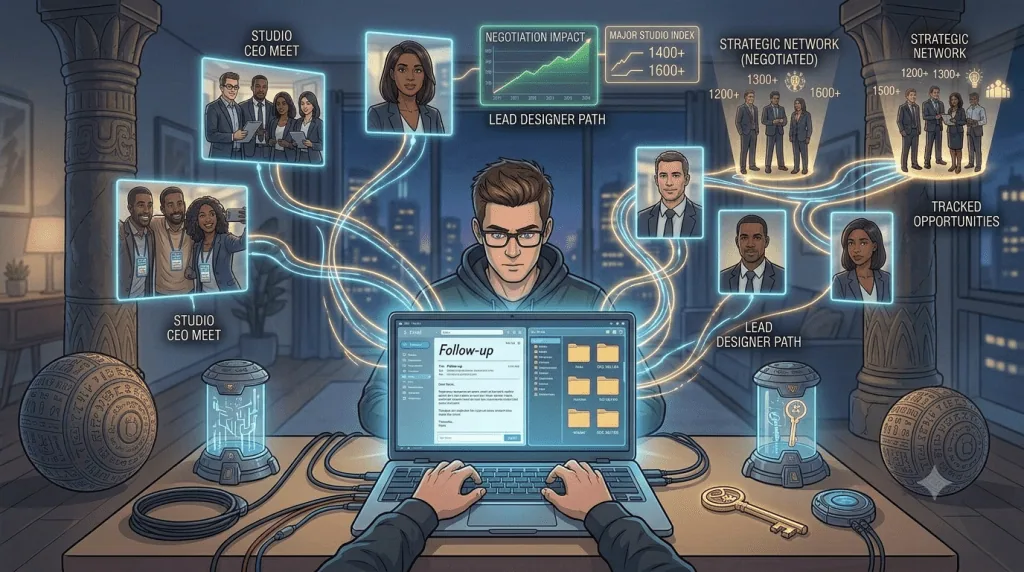 Gaming professional sending conference follow-up emails using networking photos.