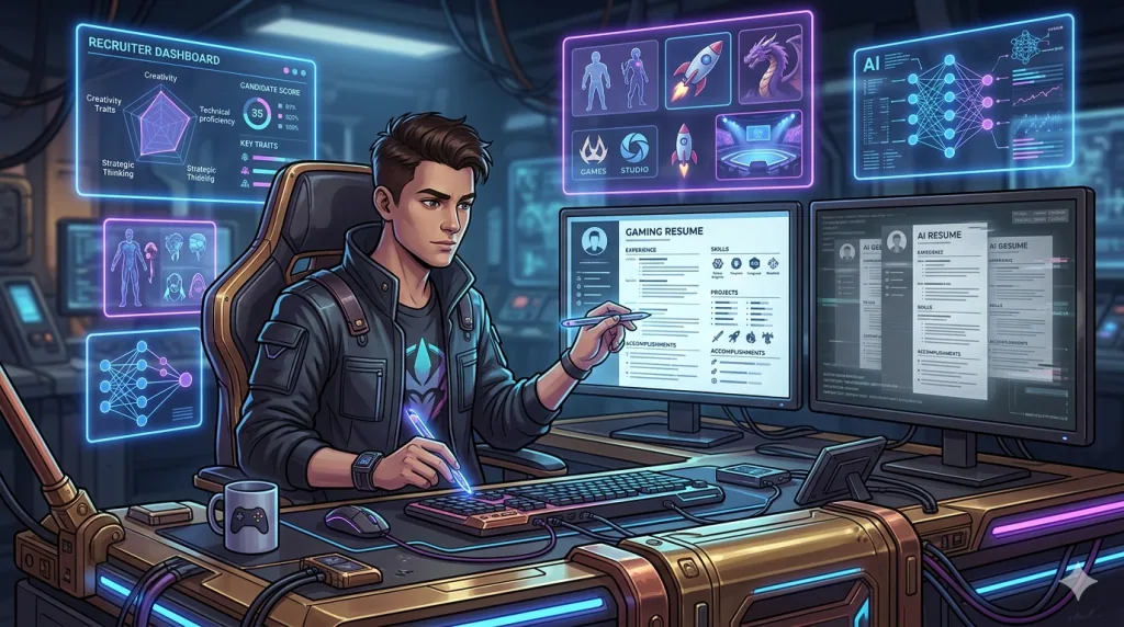 Gaming professional using AI tools strategically to improve a resume for gaming industry jobs.