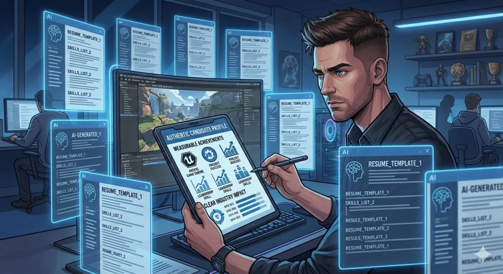 Gaming recruiter reviewing authentic resumes instead of generic AI-generated applications.