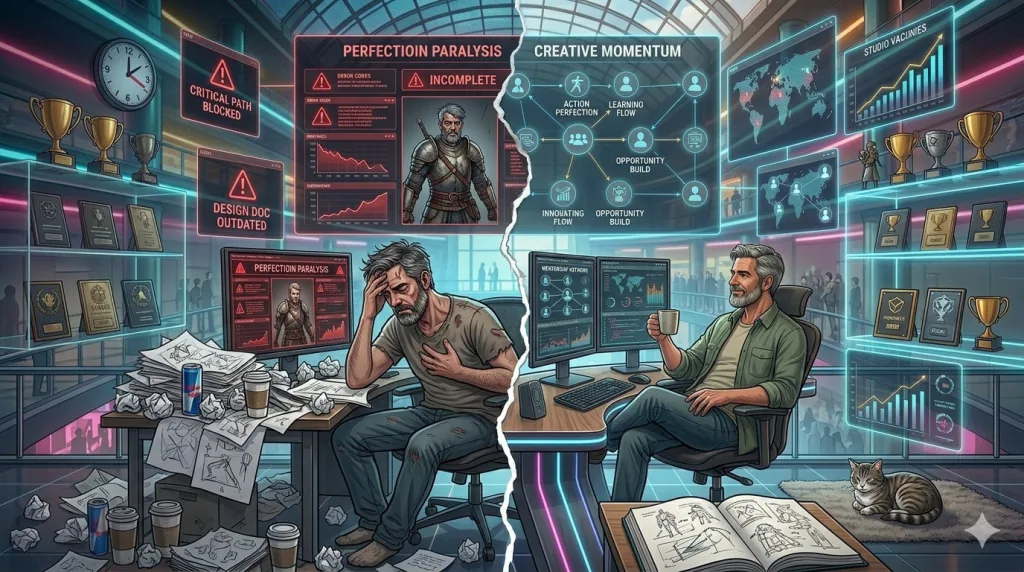 Comparison between crunch culture burnout and healthy work-life balance in game development.
