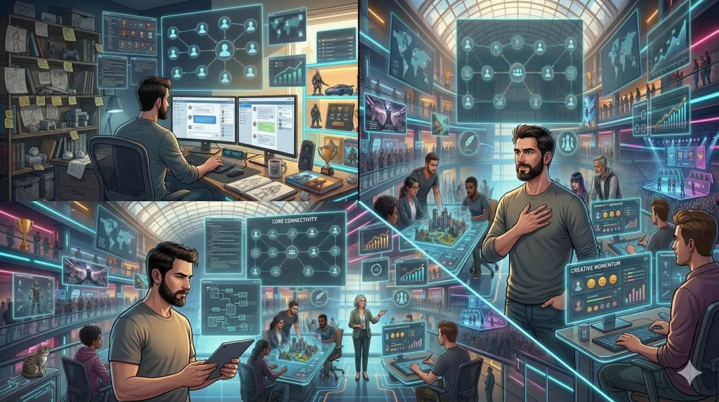 Game developer networking through LinkedIn, Discord, and gaming industry events.