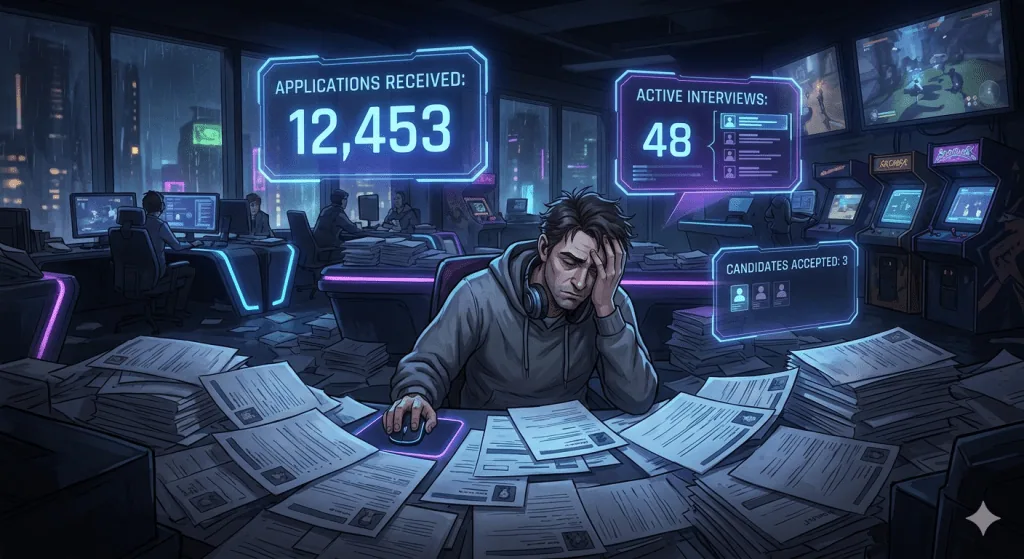 Gaming recruiter overwhelmed by thousands of job applications and resume reviews.