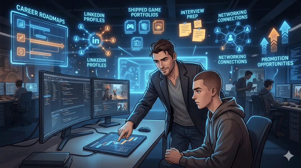 Gaming career coach mentoring a game developer on career growth and networking strategy.