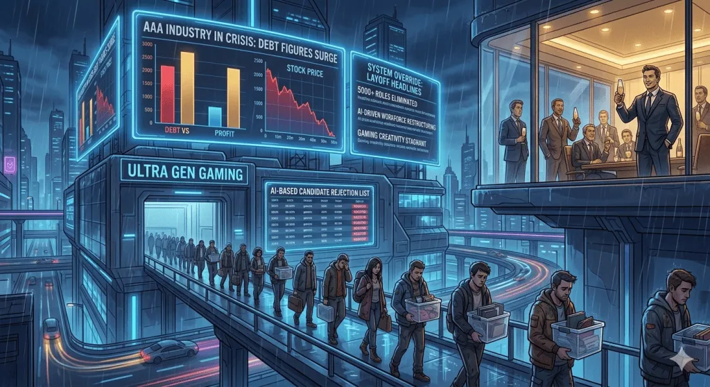 Gaming industry employees facing layoffs and AI disruption after a major corporate buyout.