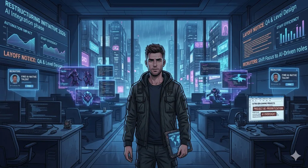 Gaming professional facing layoffs, AI disruption, and career instability in the gaming industry.