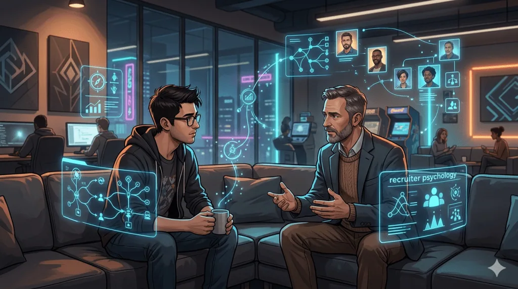 Gaming professional having strategic networking conversations to understand hiring decisions in the gaming industry.