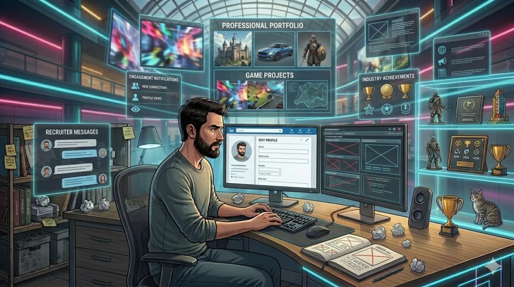 Gaming professional showcasing a portfolio and networking on LinkedIn for career growth.