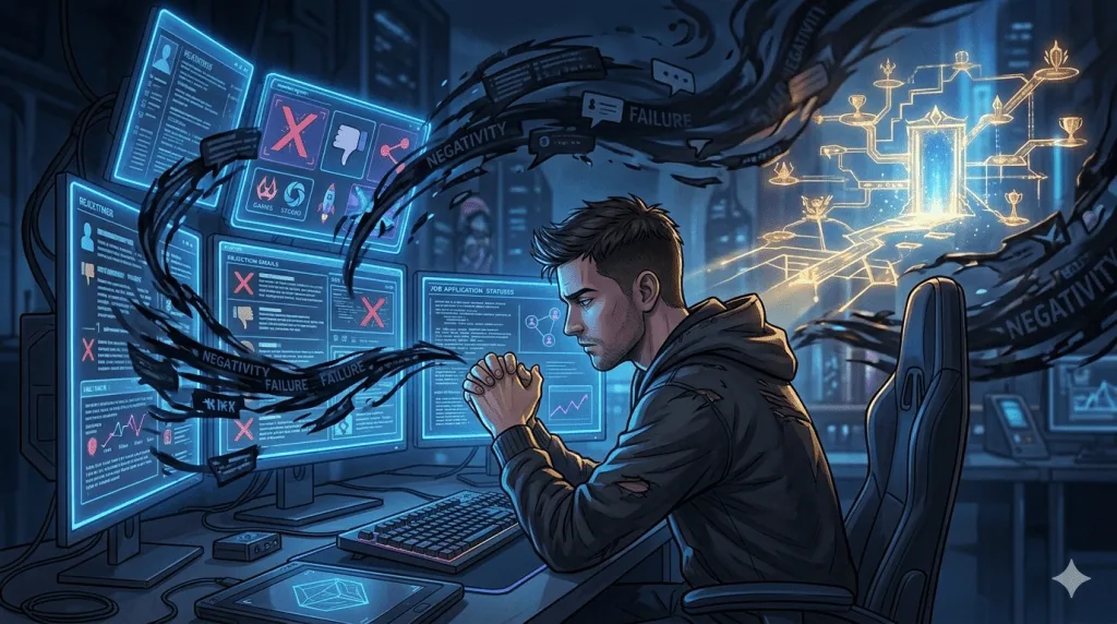 Gaming professional struggling with job search negativity and career uncertainty in the gaming industry.