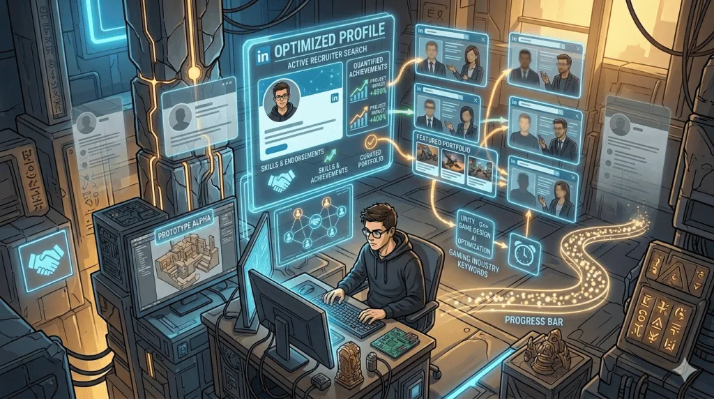Gaming professional optimizing a LinkedIn profile to attract gaming recruiters and industry opportunities.