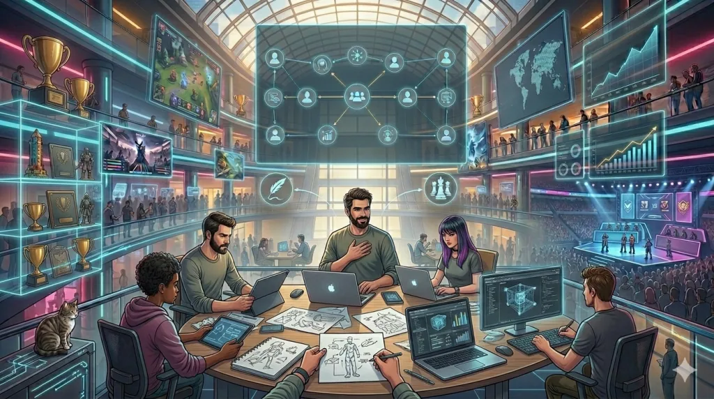 Game developers collaborating and networking during a game jam event.