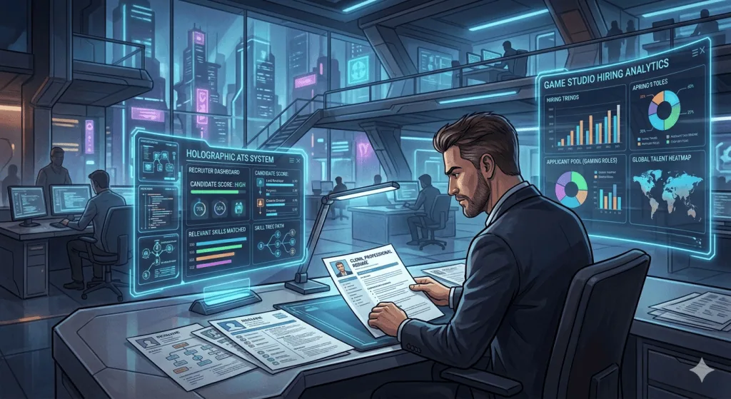 Gaming recruiter reviewing clean ATS-friendly resumes for game industry job applications.