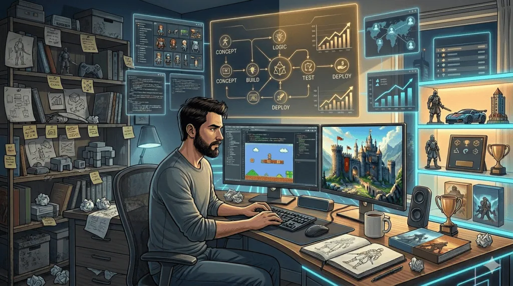 Indie game developer taking action and building a video game despite imperfect conditions.