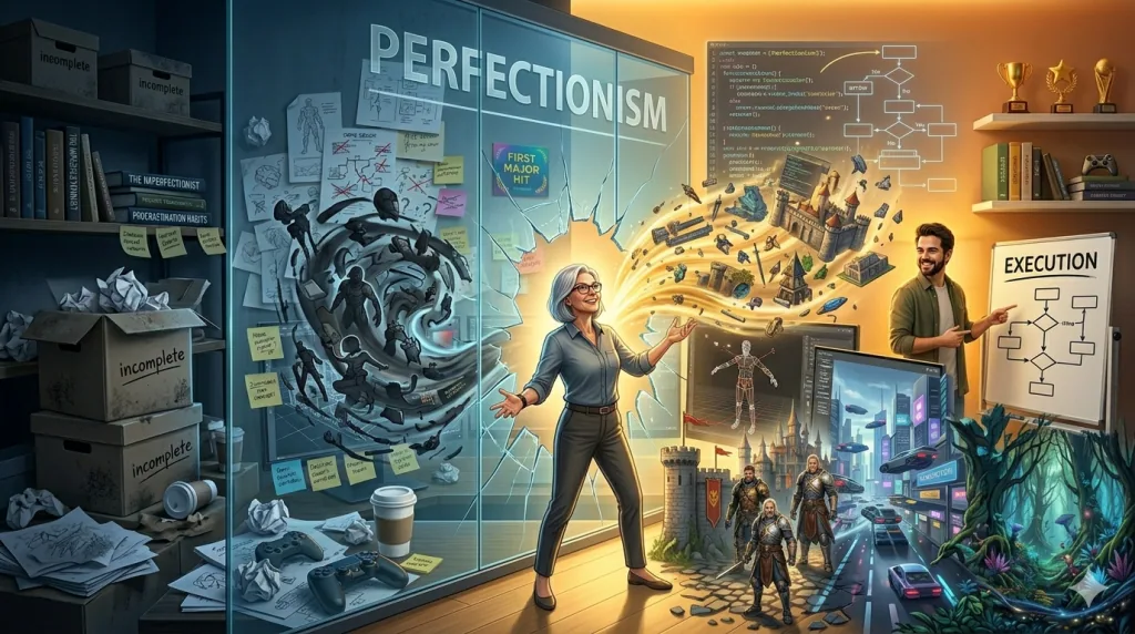 Indie game developer breaking through perfectionism to start building a video game project.