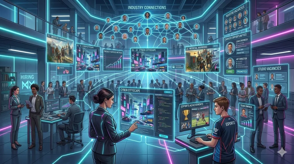 Gaming professionals networking and sharing portfolios through LinkedIn.