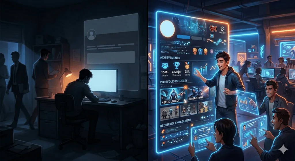 Comparison between generic LinkedIn profiles and optimized gaming industry LinkedIn profiles.