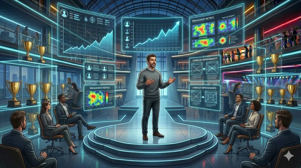 Game designer presenting measurable impact and player retention results during an interview.