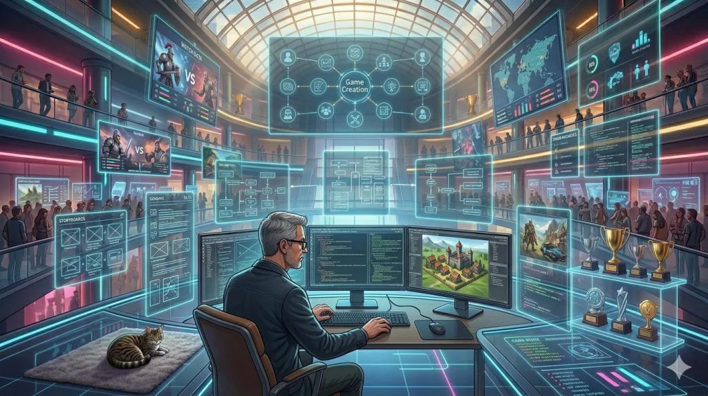 Senior game designer creating game design documents and narratives in a modern game development studio.