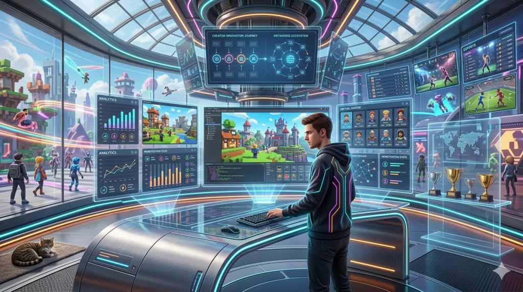 Game developer creating user-generated content experiences on UGC gaming platforms like Roblox and Fortnite Creative.