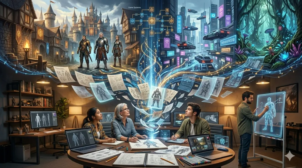 Game design ideas evolving into immersive virtual worlds through writing and documentation.
